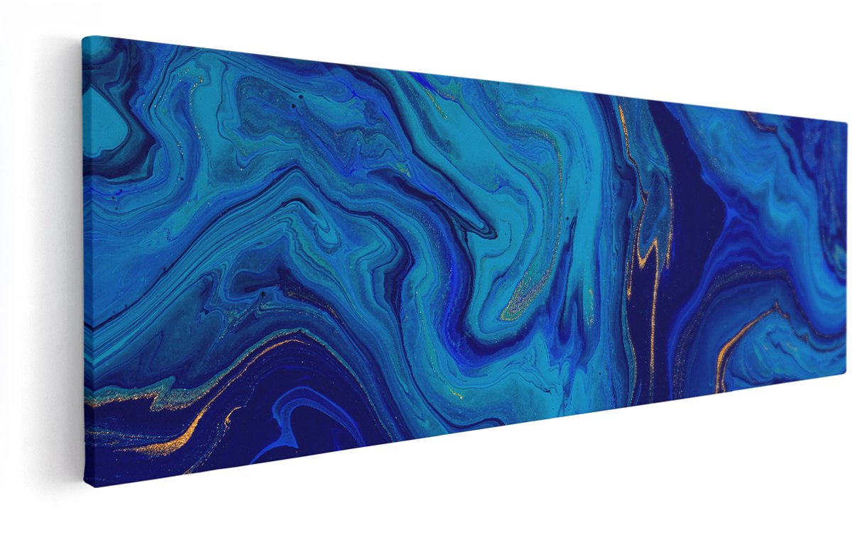 Artaza Canvas Schilderij Abstracte Kunst - Blauw met Gouden Verf - 150x50 cm - Groot - Wanddecoratie Woonkamer - Schilderijen - Muurdecoratie
