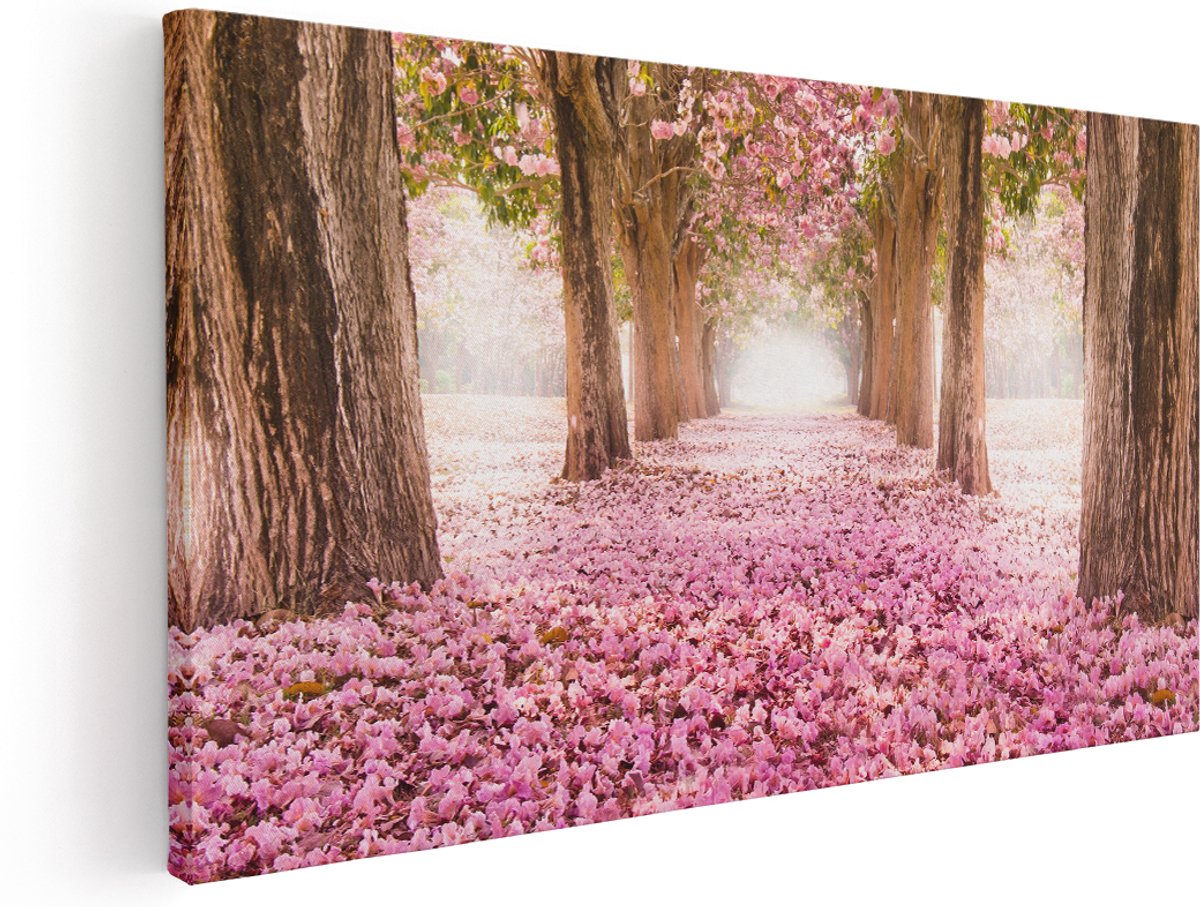 Artaza Canvas Schilderij Romantische Bomen Tunnel Met Roze Anjers - 140x70 cm - Groot - Wanddecoratie Woonkamer - Schilderijen - Muurdecoratie