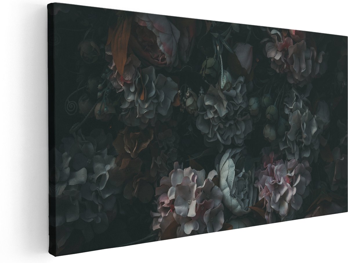 Artaza Canvas Schilderij Bloemen In Het Donker - Duisternis - 140x70 cm - Groot - Wanddecoratie Woonkamer - Schilderijen - Muurdecoratie