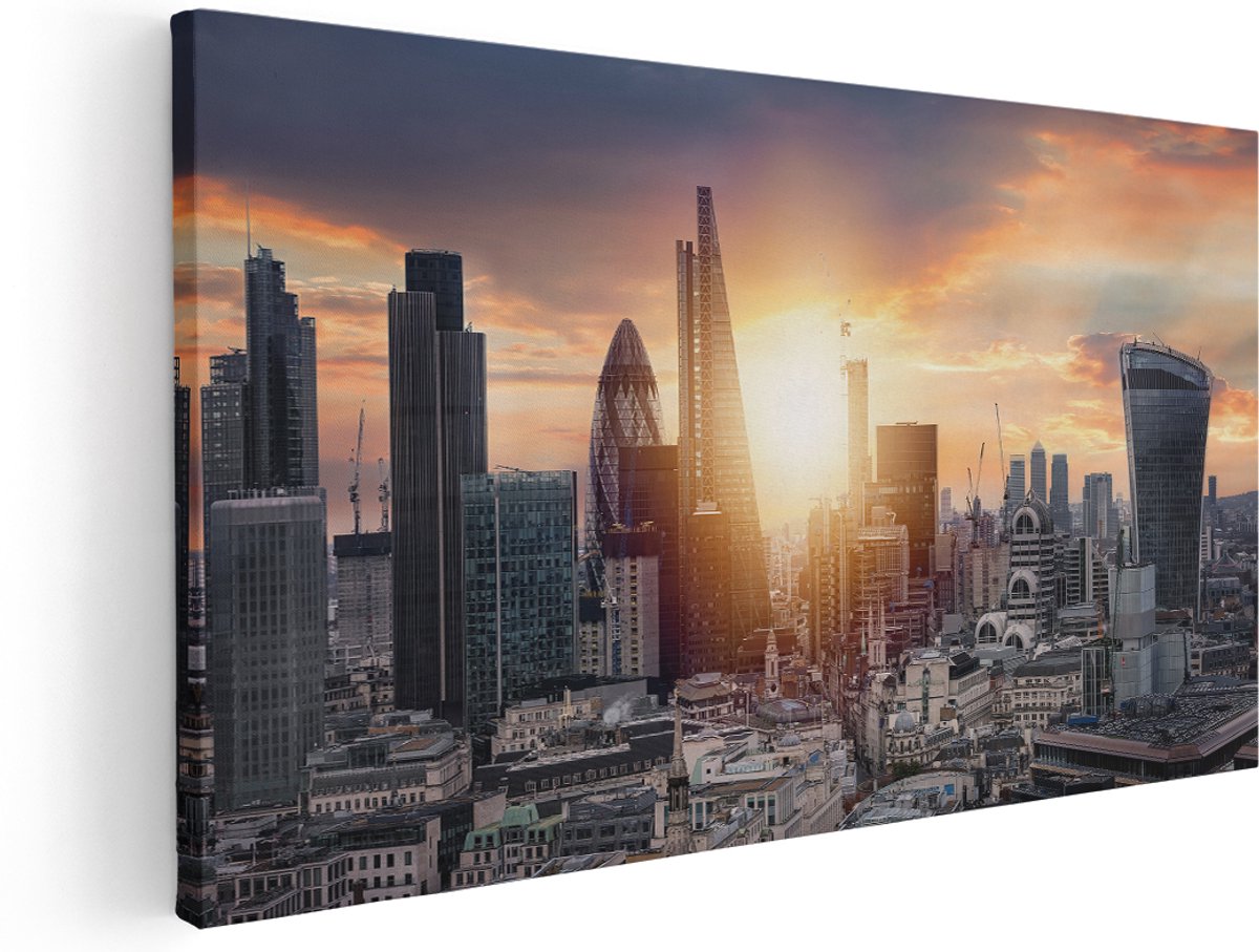 Artaza Canvas Schilderij Londen Stad bij Zonsopgang - 140x70 cm - Groot - Wanddecoratie Woonkamer - Schilderijen - Muurdecoratie