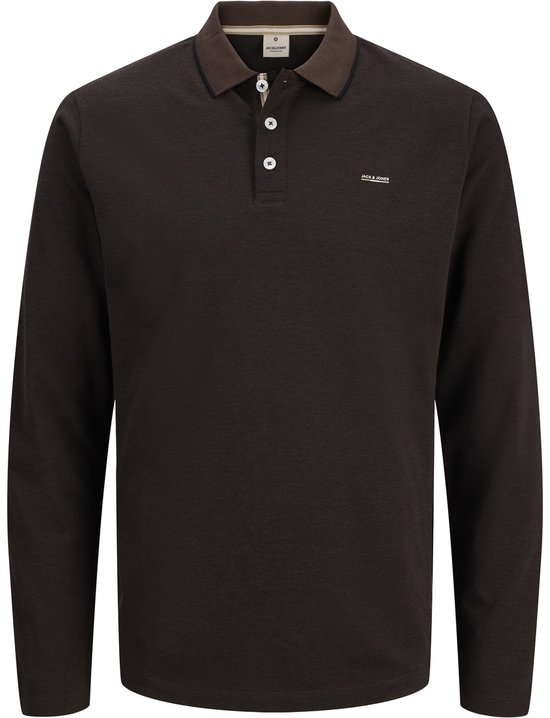 Donkerbruin poloshirt met lange mouwen, knoopsluiting en geborduurd logo op de borst.