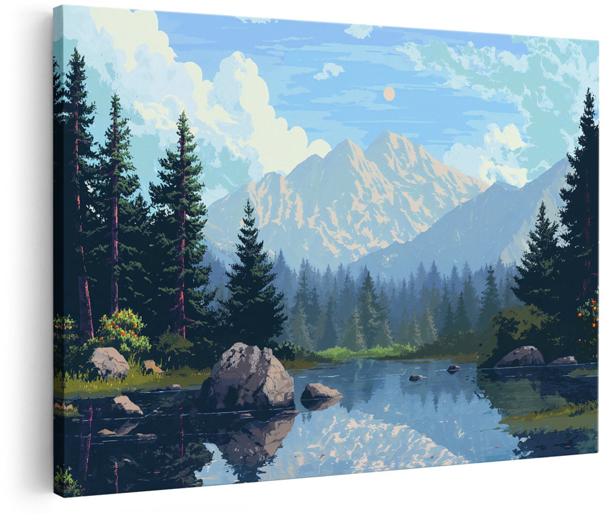 Artaza Canvas Schilderij Berglandschap Pixel Art - 150x100 cm - Groot - Wanddecoratie Natuur - Muurdecoratie Bos - Decoratie Meer Woonkamer