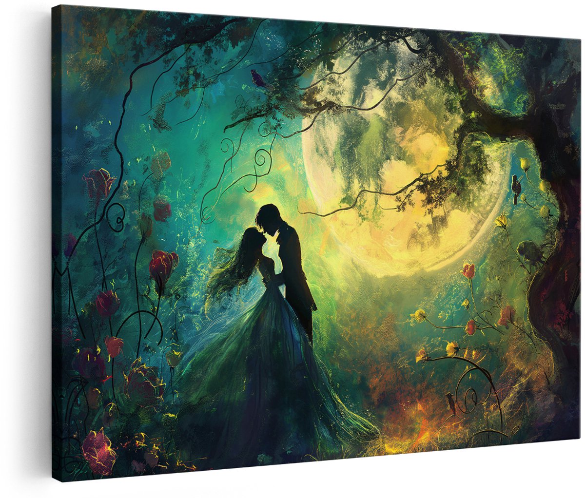 Artaza Canvas Schilderij Romantisch Stel - 150x100 cm - Groot - Wanddecoratie Volle Maan - Muurdecoratie Magische Tuin - Decoratie Bloemen Slaapkamer