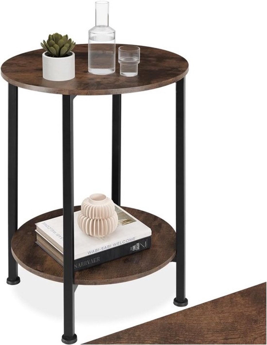 Ronde Bijzettafel van Hout en Metaal - Industrieel Design voor Woonkamer en Slaapkamer - Diameter 45 x 64 cm - Zwart Metalen Frame