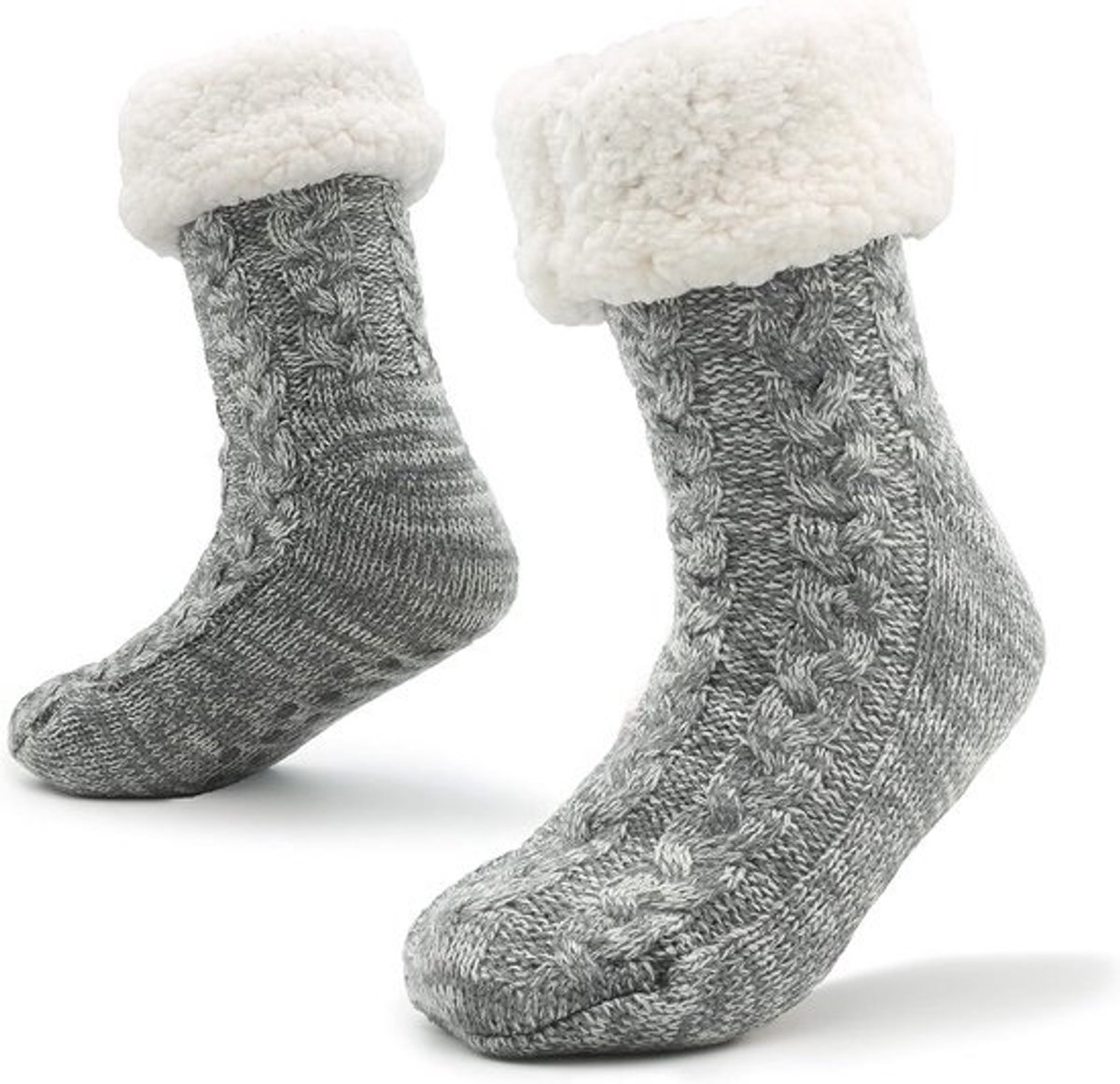 Warme Slippersokken voor Dames en Heren met Antislipzool en Winter Motief - Maten 38.5 tot 44, Lichtgrijs/Wit
