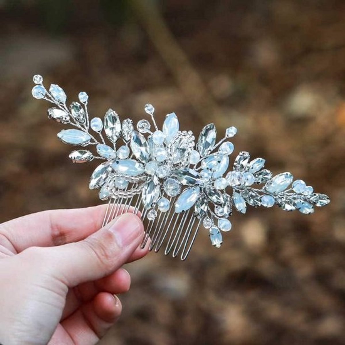 Zilveren Vintage Haarkam met Blauwe Opaal en Kristallen - Bruiloft & Feest Haaraccessoire