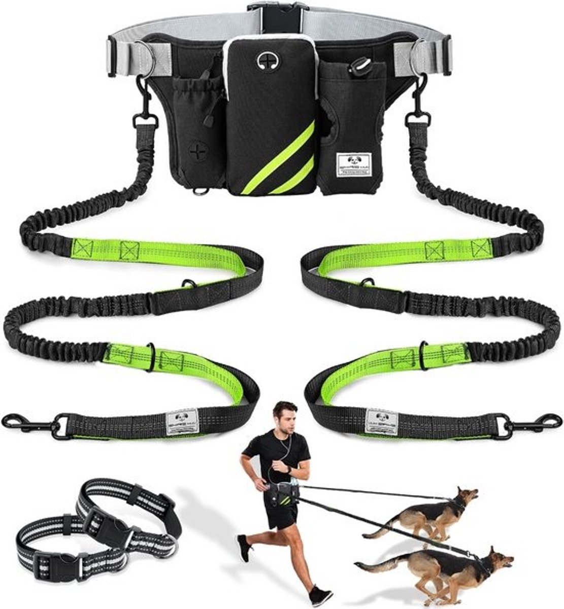 Verstelbare Intrekbare Handsfree Hondenriem met Dubbele Bungees voor 2 Honden - Reflecterende Veiligheid - Ideaal voor Wandelen, Joggen en Fietsen