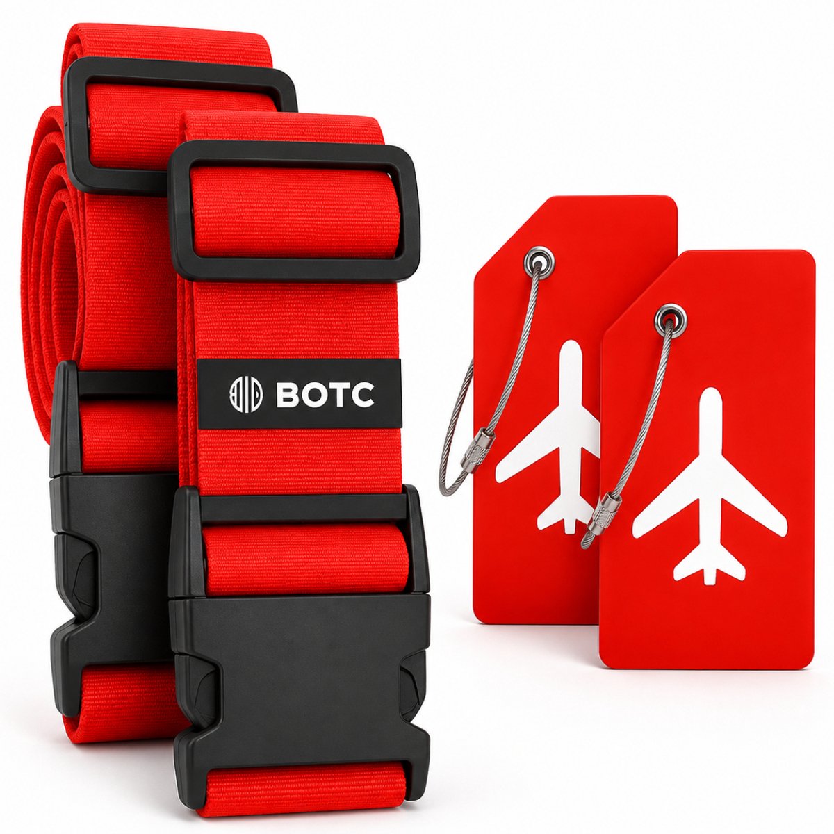 Bol.com BOTC Kofferriem met Kofferlabel - 4-Delig - 2 Kofferband en 2 Bagagelabel - bagageriemen - Bagageband - Verstelbaar - Rood aanbieding