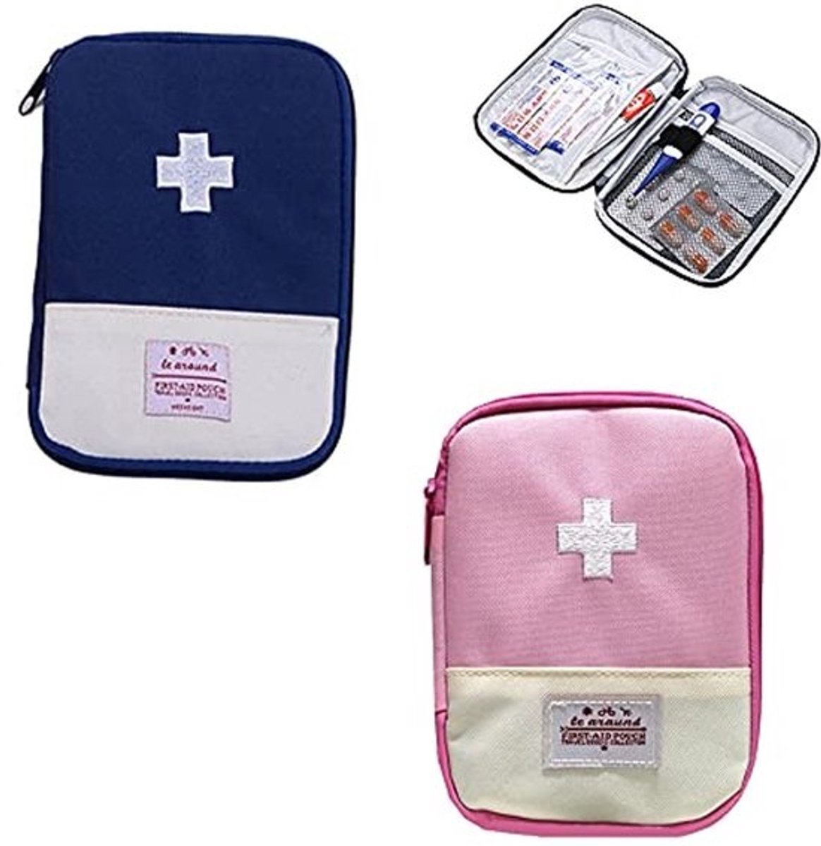 Medicijntassen set van 2 - Draagbare mini-EHBO-set voor noodsituaties - Compacte EHBO-tas voor thuis, kantoor, reizen, wandelen, kamperen (Blauw/Roze)