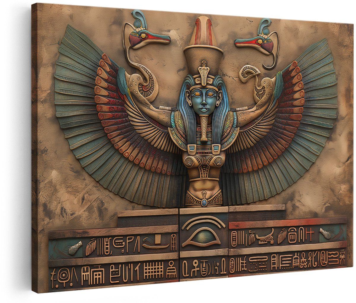 Artaza Canvas Schilderij Egyptische Godin Isis - 150x100 cm - Groot - Wanddecoratie Oog Van Horus - Muurdecoratie Hiërogliefen - Decoratie Egypte