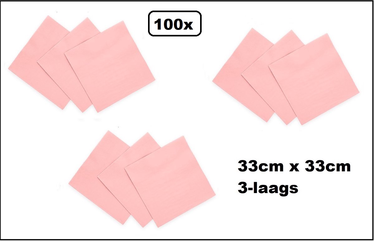 100 stuks Servetten roze 33cm x 33cm - 3 laags - Cocktail servet diner eten knoeien restaurant BBQ thema feest verjaardag feest