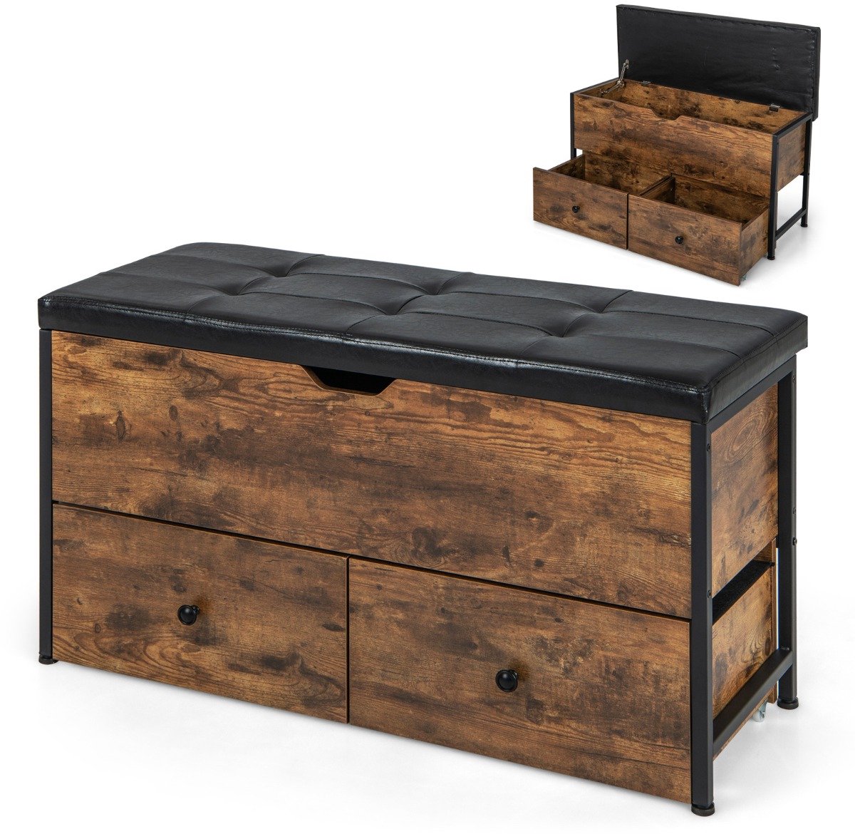 SureDeal® - Poef - Opbergbank - Gewatteerd Zitkussen Opklapbare - Laden Klompenbank - Entree Slaapkamer Woonkamer - 101x41x58 cm - Koffiebruin