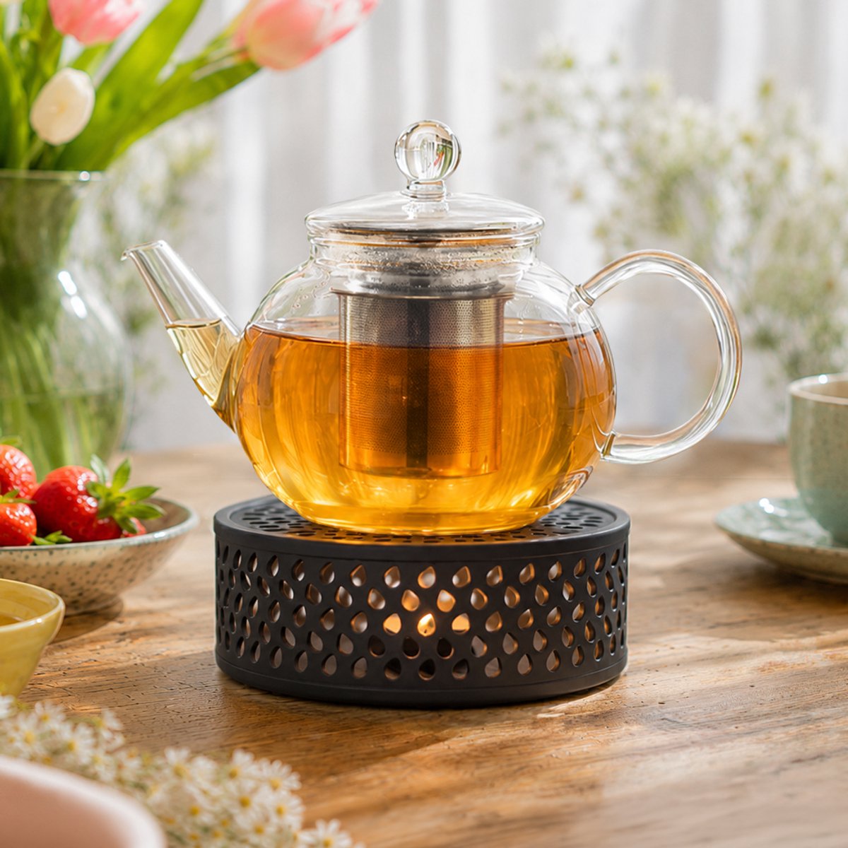 Creano glazen theepot 1,6l met rvs filter en zwart theelicht "Leaf" — cadeau in Koken & Dineren - foto 5
