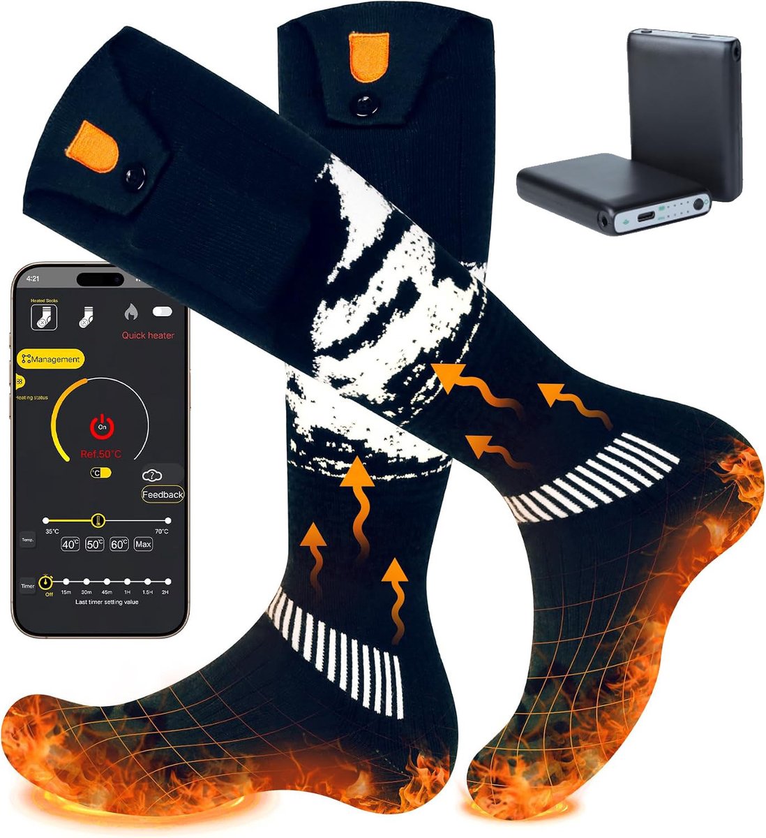ZOSUDULL-Verwarmde sokken– App-Gestuurde Verwarming –Verwarmde Sokken Oplaadbaar– 2×6000mAh Gerichte 3-Zonewarmte voor Voorvoet Tenen en Bovenzijde – Tot 9 Uur – Skiën Wandelen en Buitenwerk Zwart