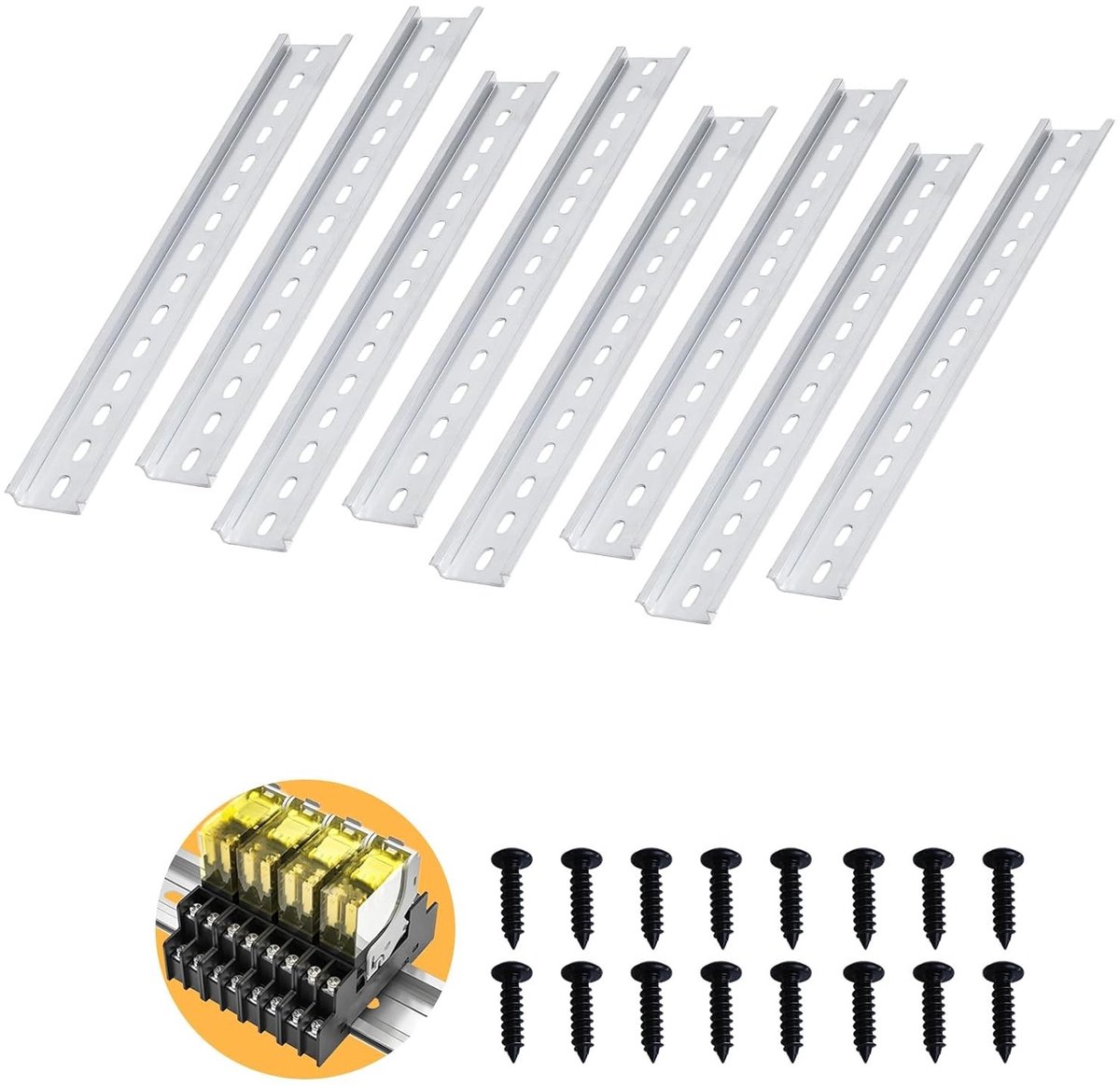 Set van 8 DIN rails voor elektrische installatie, ideaal voor schakelkasten en montageaccessoires