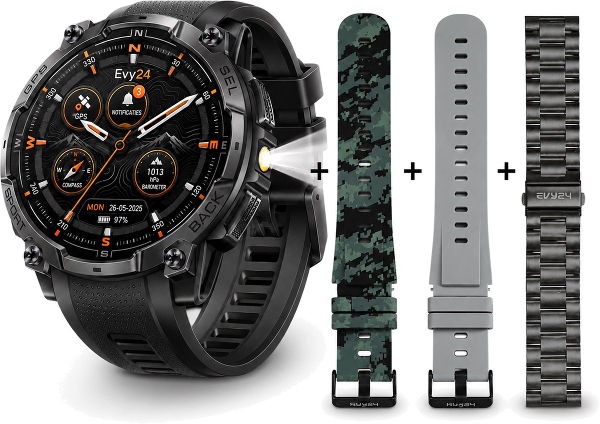 Evy24 GPS Smartwatch Amoled Pro - Sporthorloge Heren & Dames - Zelfstandige GPS/GNSS - Waterdicht - Belfunctie - Zaklamp - Kompas - Hoogtemeter - Barometer - 100+ Sportmodi - Outdoor - Zwart