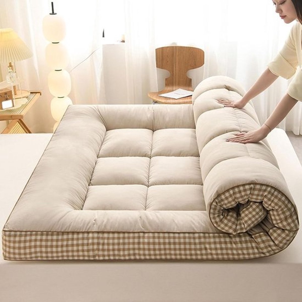 Japanse futonmatras - Vloermatras campingmat - Comfortabel slapen - Opvouwbaar ontwerp - 90 x 200 cm - Kaki