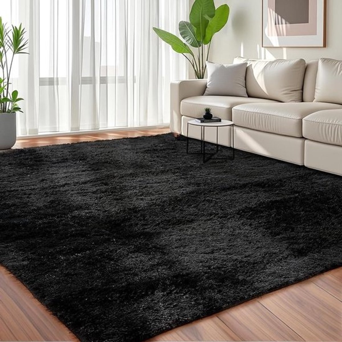 Pluizig Vloerkleed - Zacht Tapijt - Woonkamer Decoratie - Antislip Onderkant - 244 x 305 cm - Zwart