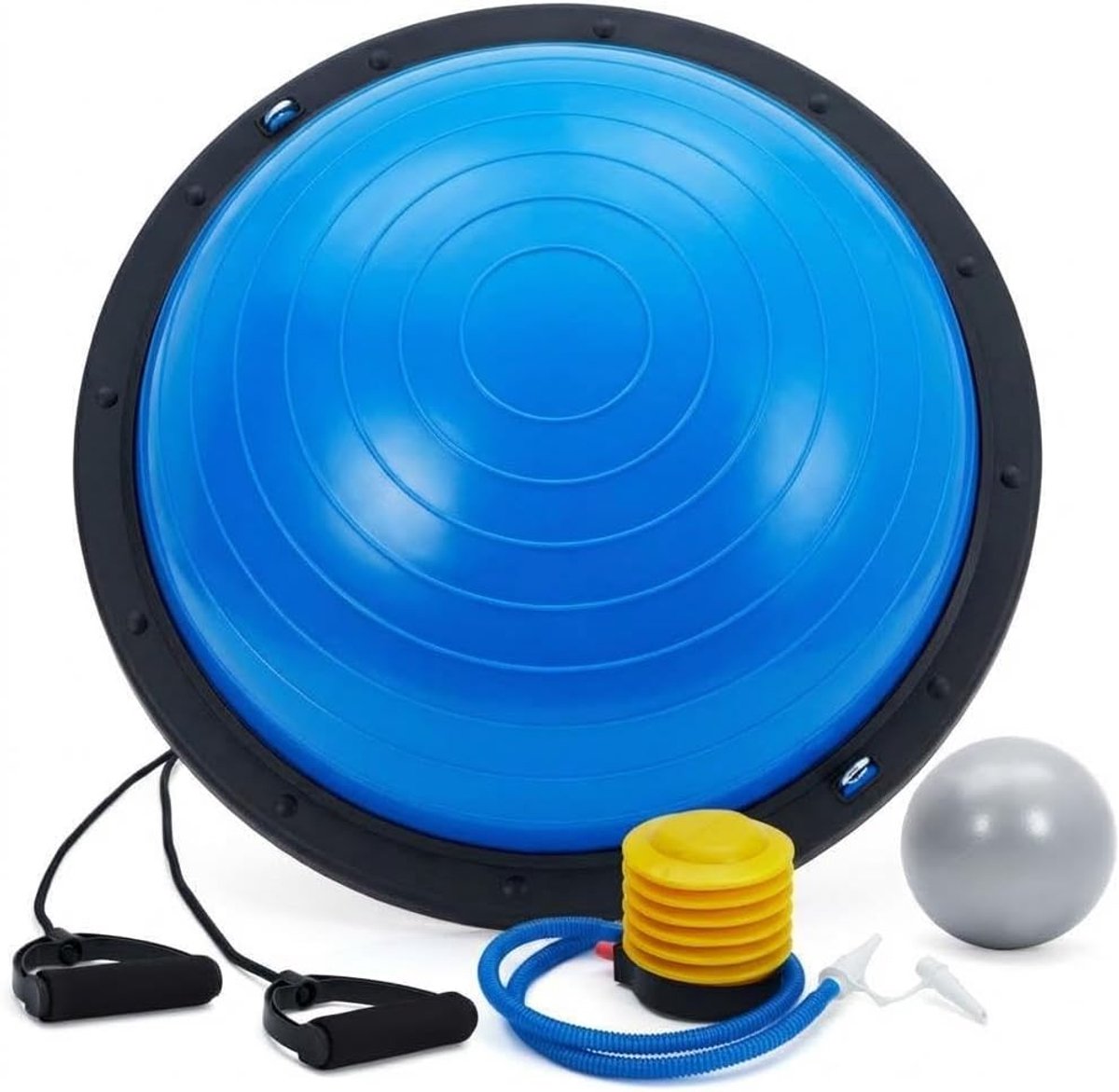 Balansbord met Halve Oefenbal voor Yoga en Fitness, Anti-slip Trainingsapparaat met Stevige Basis, Inclusief Weerstandsbanden en Pomp, 23 Inch, Blauw