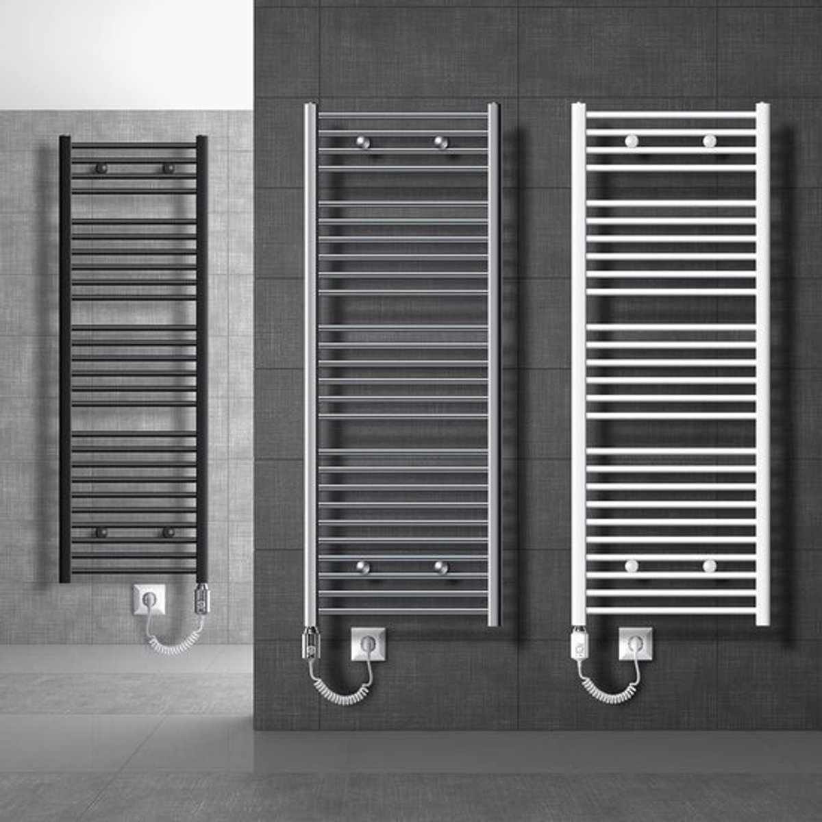 Elektrische Handdoekradiator Badkamer Verwarming 300x800mm Antraciet met Zijdelingse Aansluiting en 300W Chromen Verwarmingselement