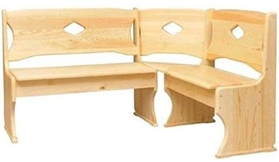 Hoekbank van lichtgekleurd hout met een ruitvormige uitsparing in de rugleuningen.