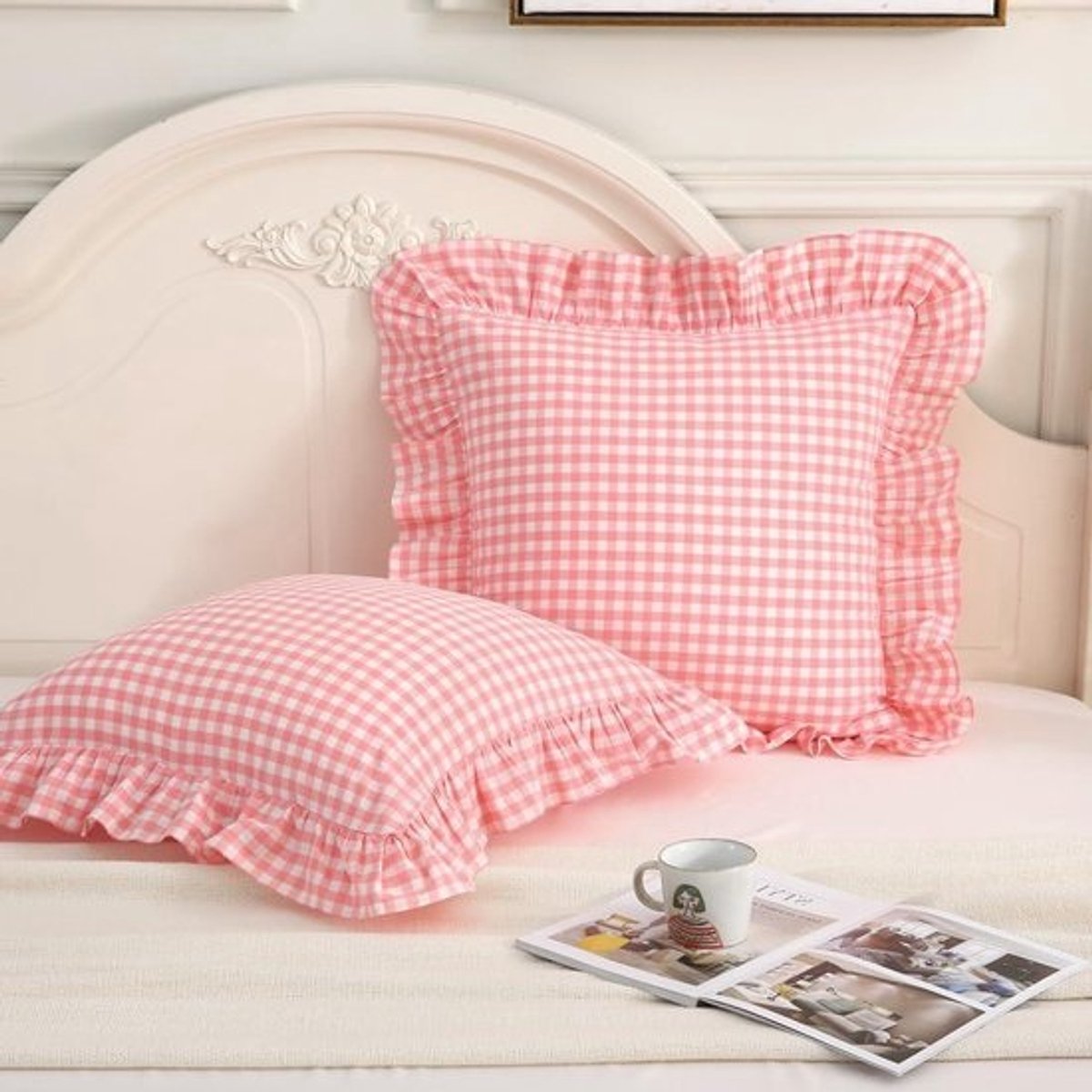 Roze Geruite Sierkussenslopen - Katoenen Kussenhoezen - Bank Decoratie - Met Ruches - 50 x 50 cm - Roze