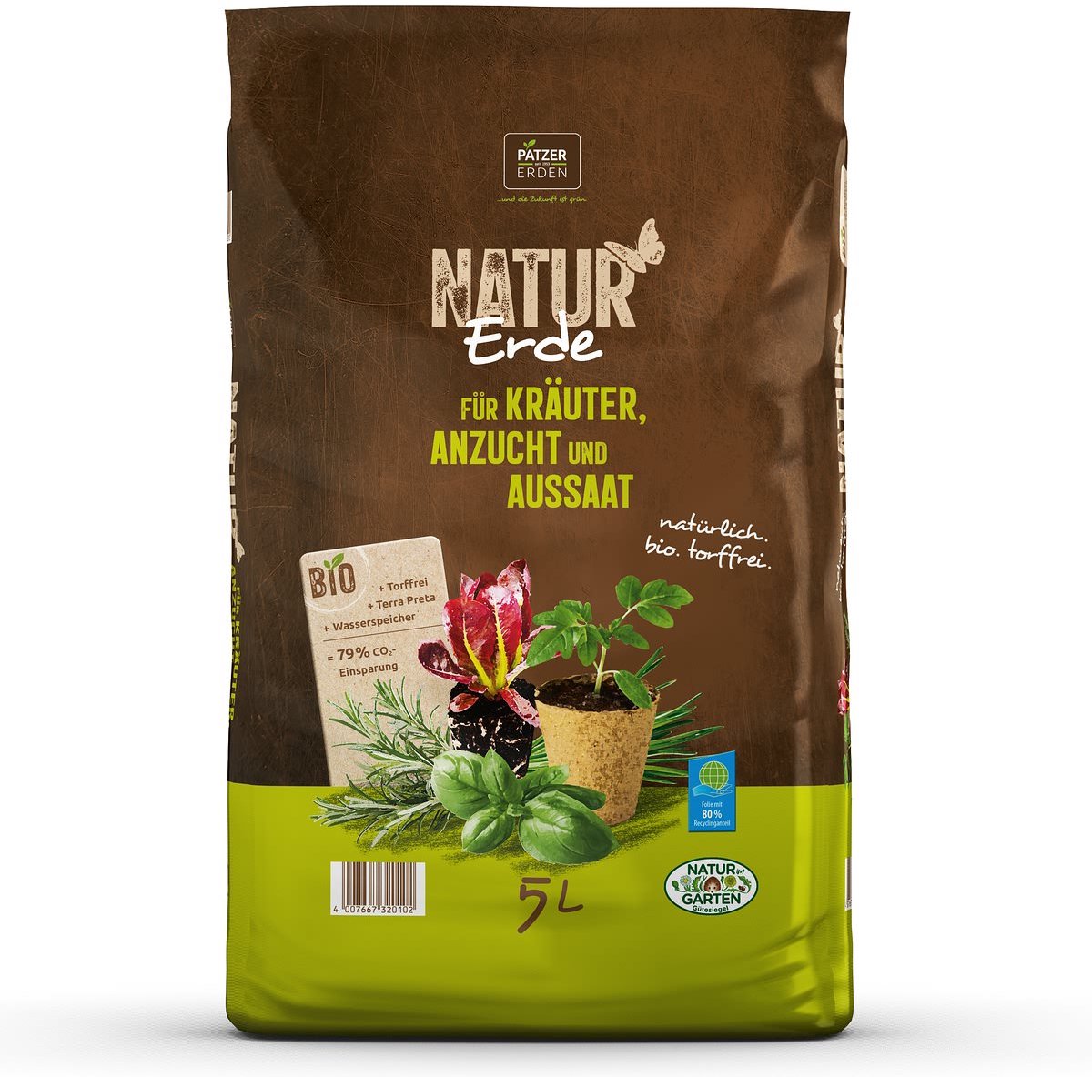 PATZER NATUR Aarde BIO Kruiden Opkweek & Zaaien Turfvrij - 5 liter