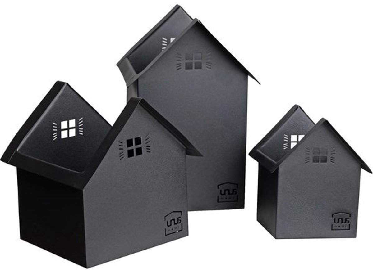 Decoratieve Huizen Set - Mini Huisjes - Buiten Decoratie - Met Gravure Ramen - Drie Maten - Zwart