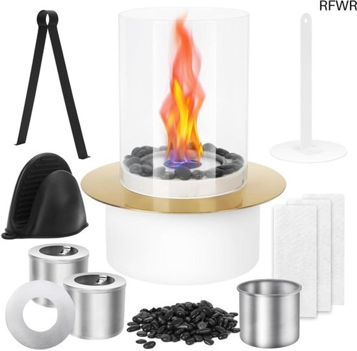 RFWR® Compacte Tafelhaard voor Binnen en Buiten – Warmte en Sfeer met Vlamringen en Decoratieve Stenen
