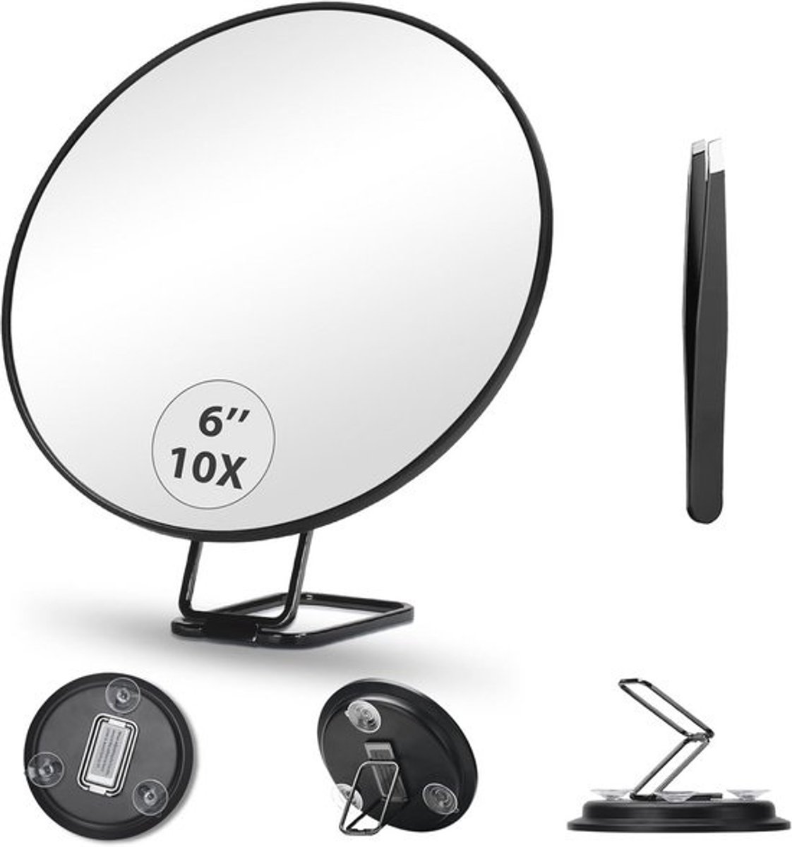 Vergrotende Make-Up Spiegel 10x met Zuignappen en Standaard - Handheld, Tafel en Wandmontage