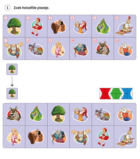 Afbeelding van een spel met sprookjesfiguren zoals Roodkapje, de Wolf en een draak.