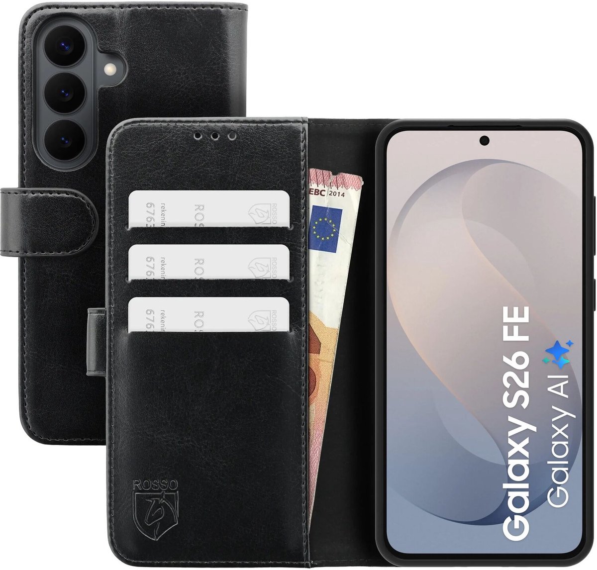 Rosso Element Geschikt voor Samsung Galaxy S26 FE | Wallet Book Case | Portemonnee Hoesje | 3 Pasjes | Magneetsluiting | Stand Functie | Zwart