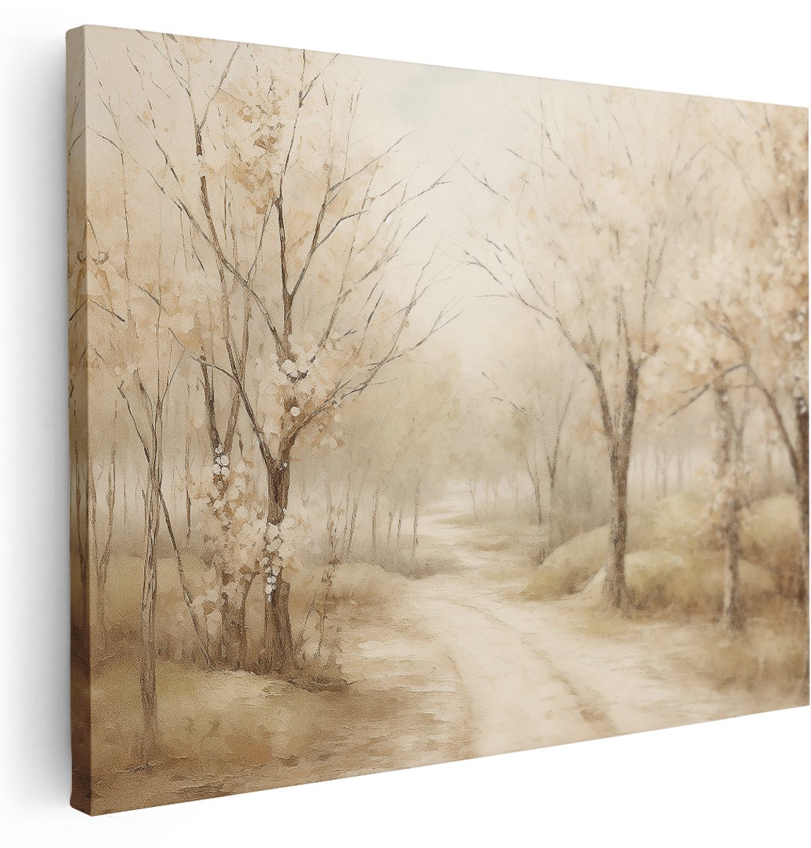 Artaza Canvas Schilderij Bos - 160x120 cm - Groot - Wanddecoratie Landweg - Muurdecoratie Bloesem Bomen - Schilderijen Natuur Landelijk - Beige