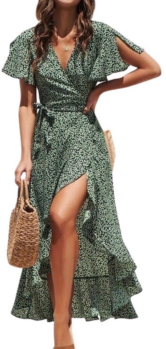 Dames Zomer Maxi Wikkeljurk met Splitten en Volantmouwen