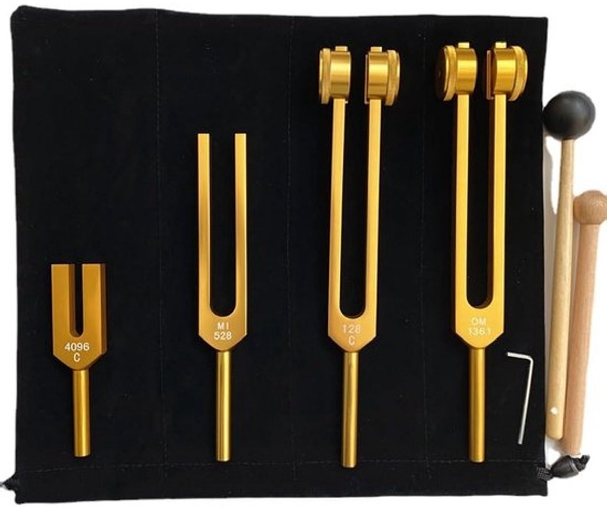 Set van 4 Verzwaarde Stemvorken 128 Hz, 136.1 Hz, 440 Hz, 528 Hz - Klanktherapie voor Meditatie en Heling