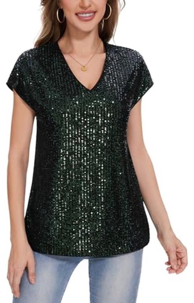 Pailletten Glitter Top Dames Korte Mouwen V-hals T-shirt
