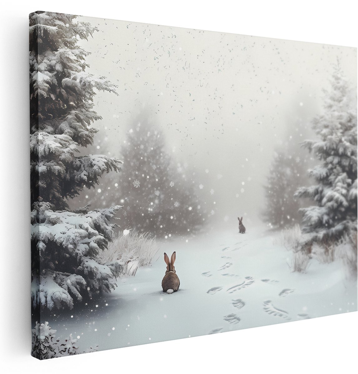 Artaza Canvas Schilderij Winterlandschap - 160x120 cm - Groot - Wanddecoratie Konijnen - Muurdecoratie Bos - Schilderijen Op Canvas
