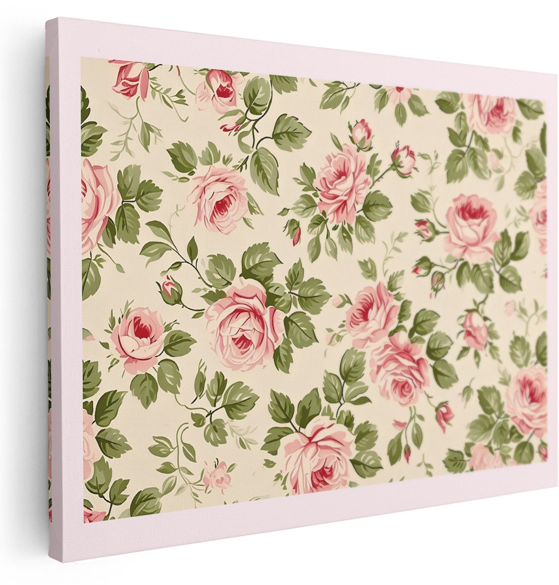 Artaza Canvas Schilderij Bloemenpatroon - 160x120 cm - Groot - Wanddecoratie Roze Rozen - Muurdecoratie Brocante - Schilderijen Op Canvas Vintage