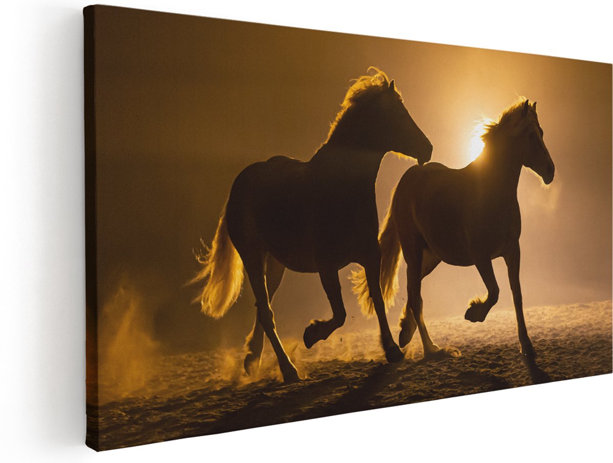 Artaza Canvas Schilderij Silhouet Van Twee Paarden - 180x90 cm - Groot - Wanddecoratie Woonkamer - Schilderijen - Muurdecoratie