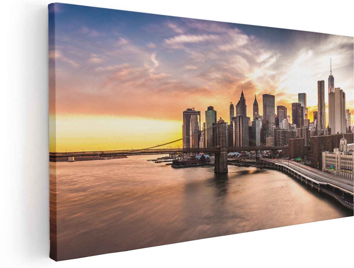 Artaza Canvas Schilderij Brooklyn Bridge Brug In New York - 180x90 cm - Groot - Wanddecoratie Woonkamer - Schilderijen - Muurdecoratie