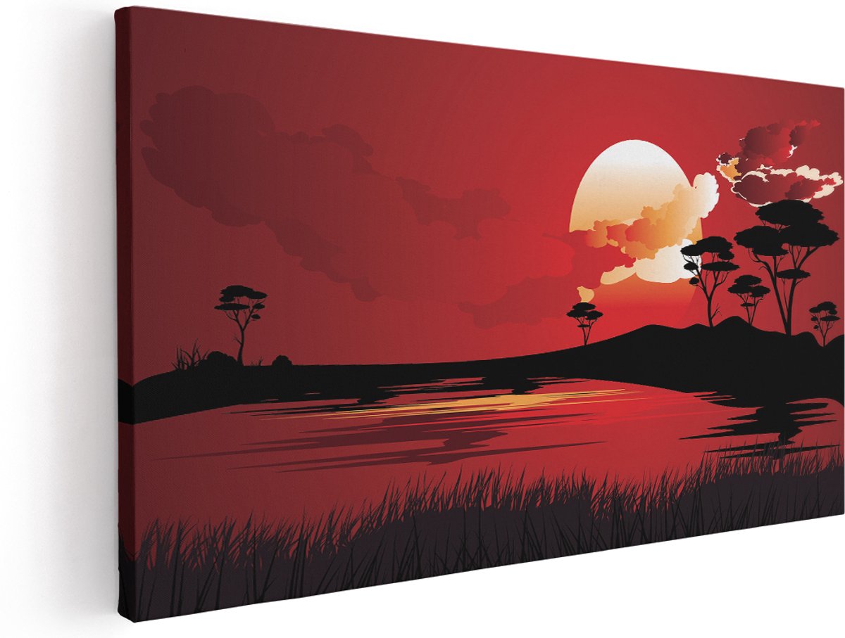 Artaza Canvas Schilderij Rode Zonsondergang In De Savanne - Abstract - 180x90 cm - Groot - Wanddecoratie Woonkamer - Schilderijen - Muurdecoratie