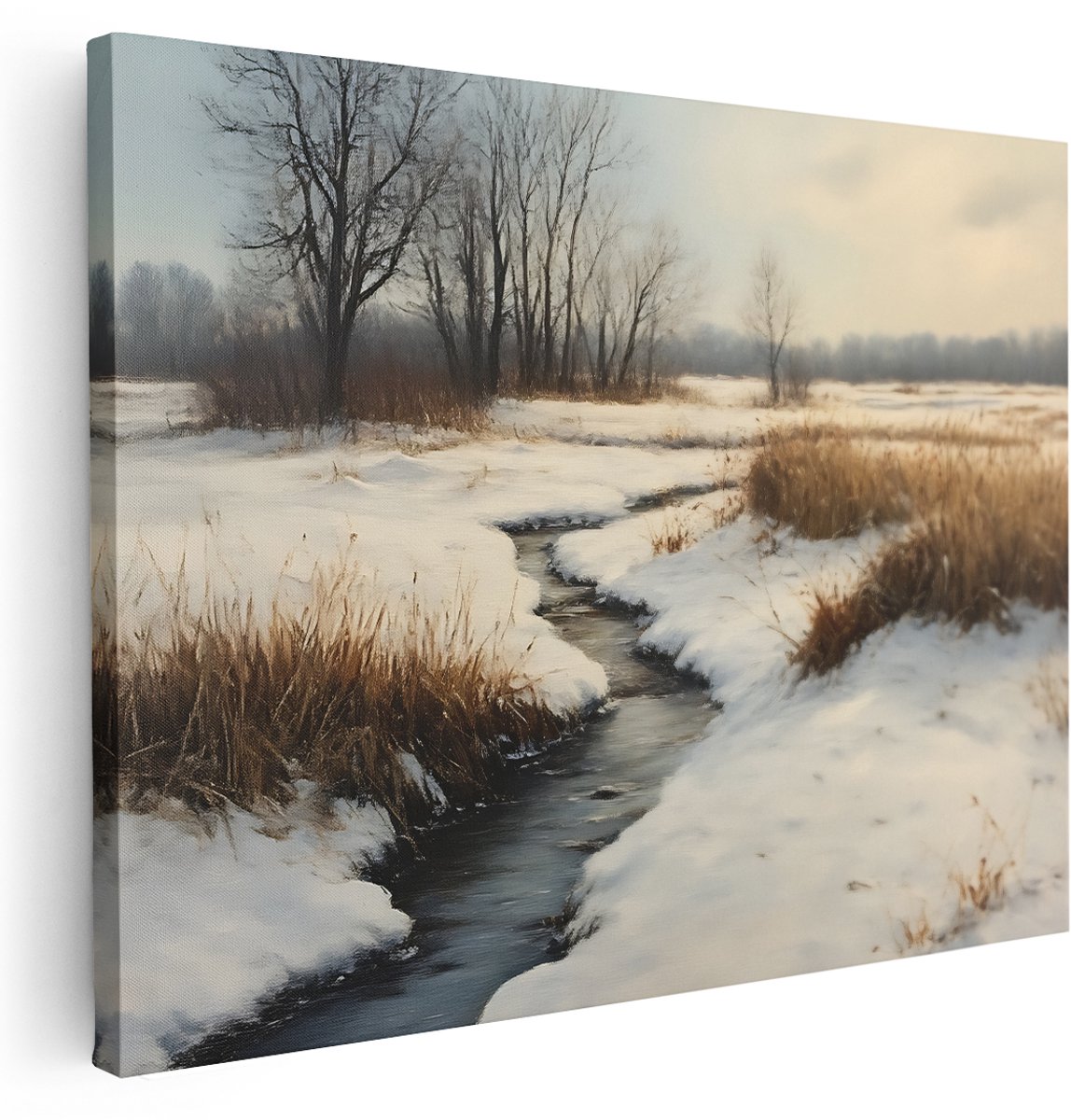 Artaza Canvas Schilderij Landschap - 160x120 cm - Groot - Wanddecoratie Winter Beekje - Muurdecoratie Natuur - Kamer Accessoires Woonkamer