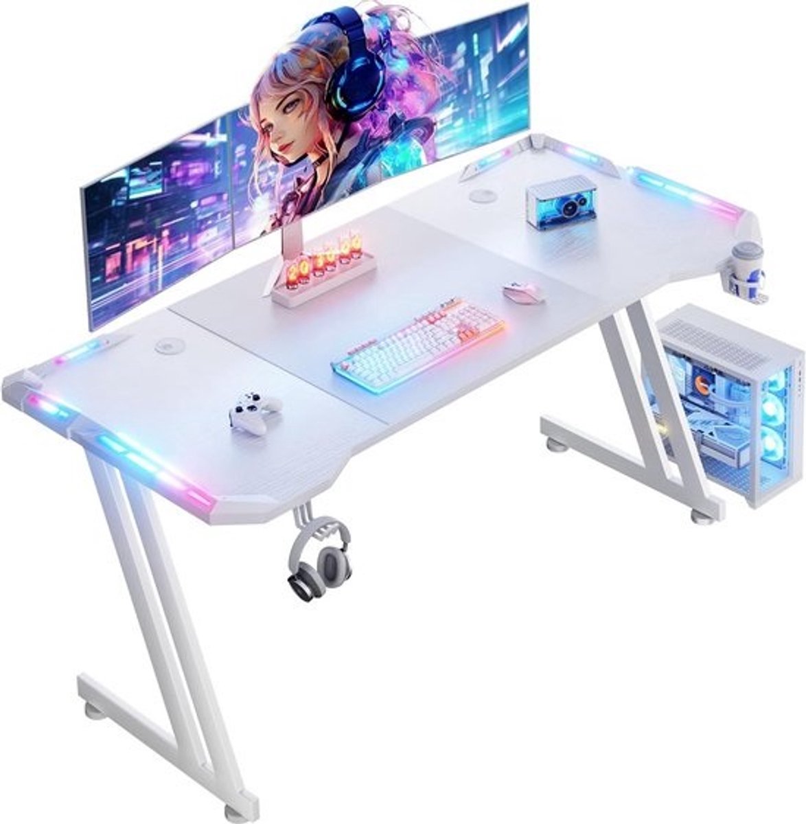 Grote Gaming Bureau 160x60 cm met LED Verlichting, PC Tafel met Z-frame voor Studie en Werk