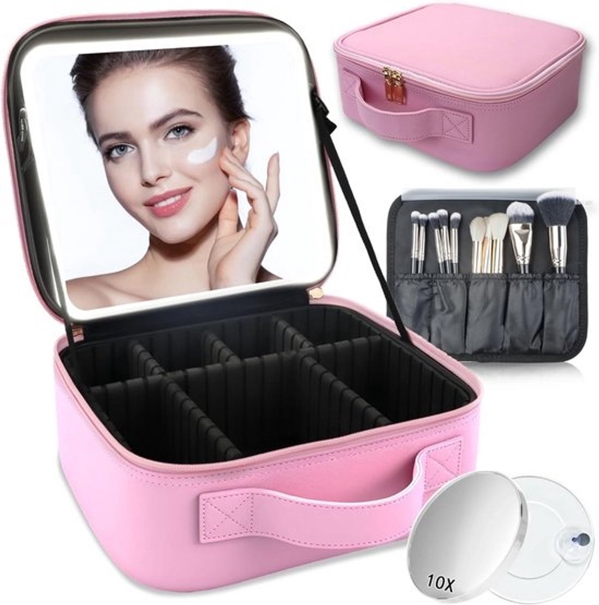 Draagbare Make-up Tas met LED Spiegel en Verstelbare Vakken - Lichtroze Reis Organizer