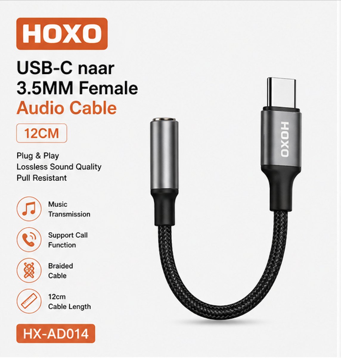HOXO USB-C naar 3,5mm Jack Adapter – 12 cm – USB-C naar AUX Audio Adapter – Gevlochten Kabel – Koptelefoon & Speaker – Zwart