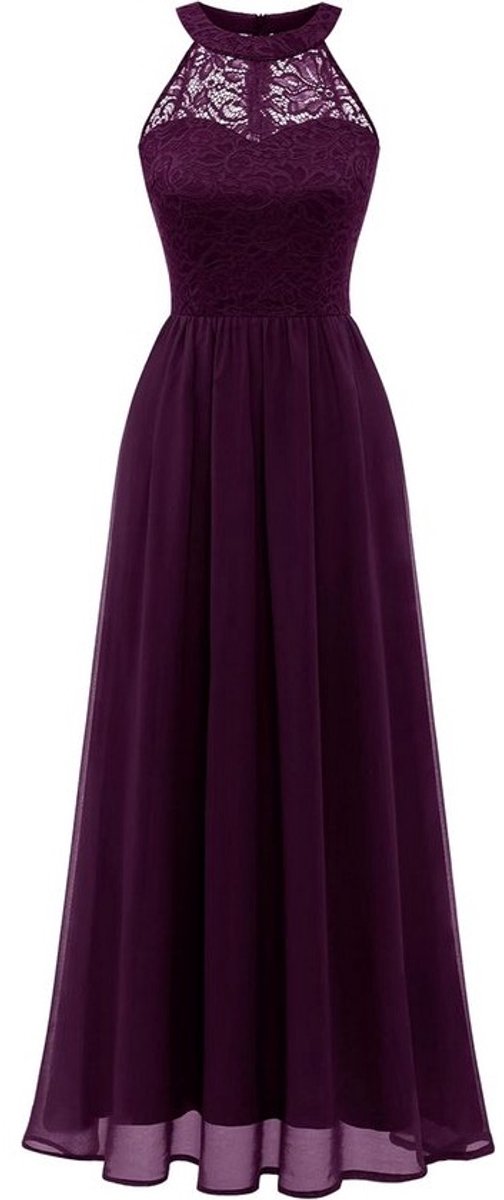 Lange halterjurk met kant en chiffon rok
