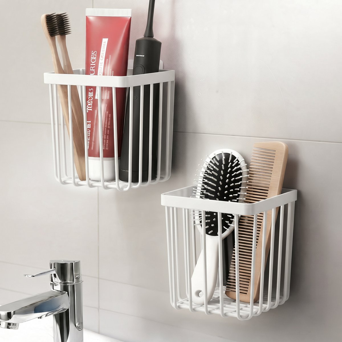 INDECOR 2-delige Zelfklevende Wand Organizer – Badkamer Opberger voor Tandenborstels, Kammen & Haarborstels – Zonder Boren – Multifunctioneel Wandrek – Wit