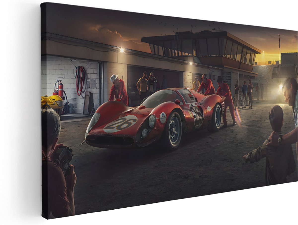 Artaza Canvas Schilderij Vintage Raceauto - 160x80 cm - Groot - Wanddecoratie Ferrari - Muurdecoratie Auto Pitgarage - Kamer Accessoires Zonsondergang - Rood