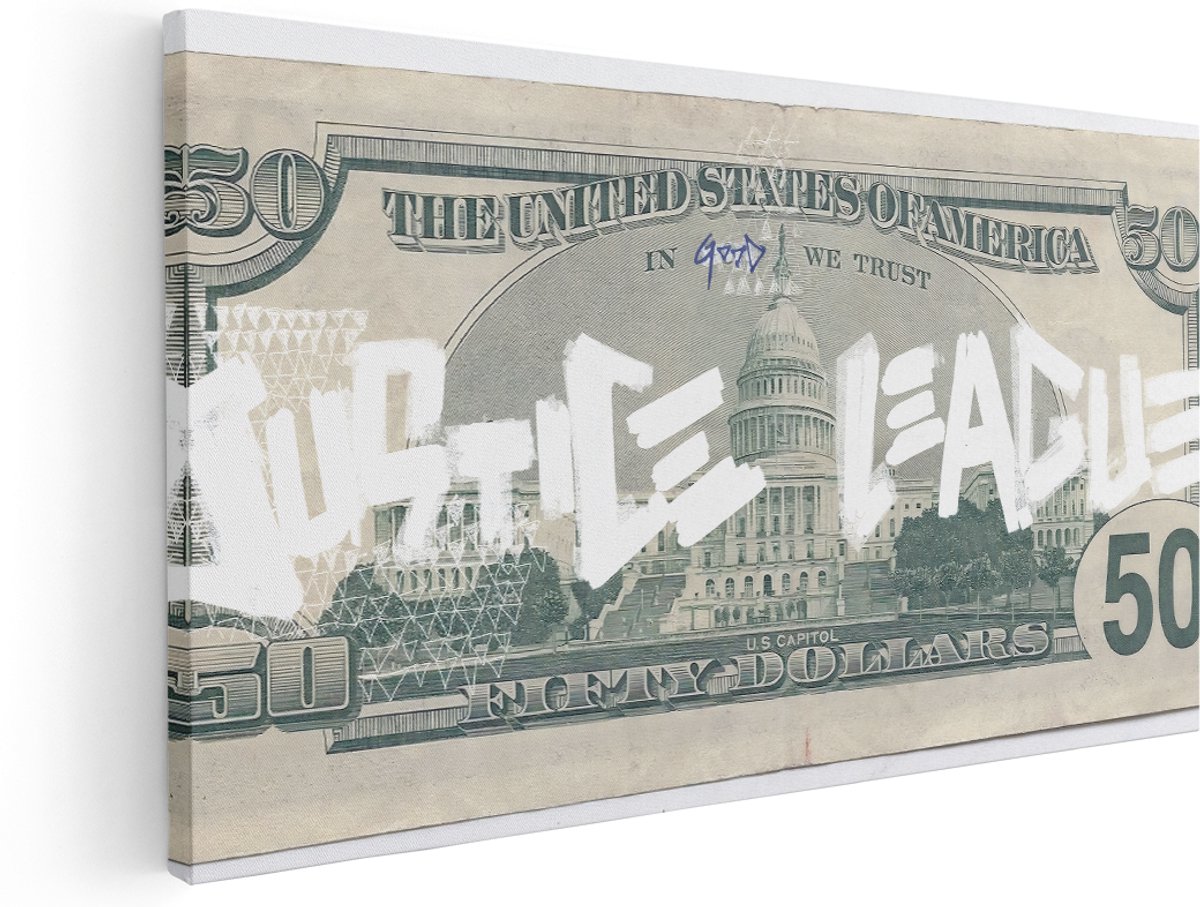Artaza Canvas Schilderij Dollar Graffiti Justice League - 160x80 cm - Groot - Wanddecoratie Amerika - Muurdecoratie Geld - Schilderijen Op Canvas