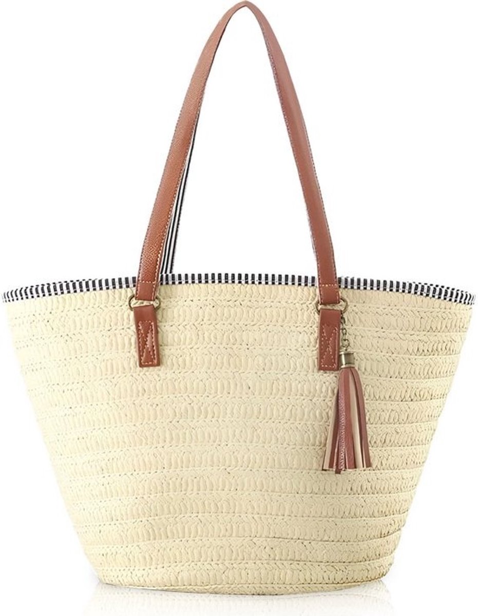 Grote Riet en Raffia Handtas Dames met Schurderriem en Ritssluiting - Beige